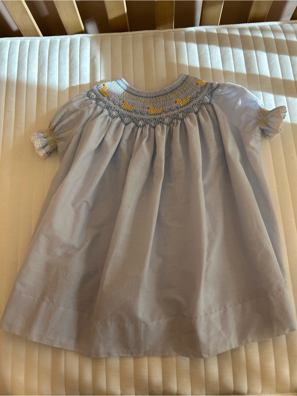 Light Blue Handmade Smocked Duck-Trim Kids Dress